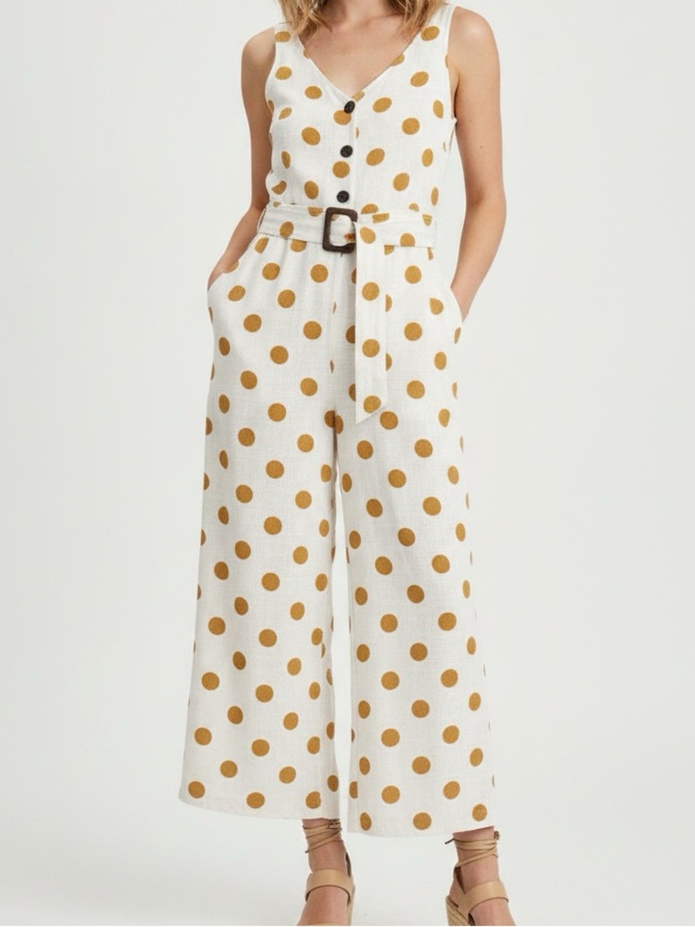 NWT Monteau Linen Blend Sleeveless White Cropped Jumpsuit with Mustard Polka Dot